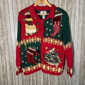 Vintage 90’s Red Green Gold Ugly Christmas Cardigan Sweater Holiday